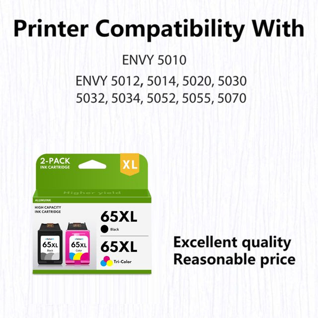 65XL 2 Ink Black and Color Combo Pack Replacement for HP Printer, 2 Packs