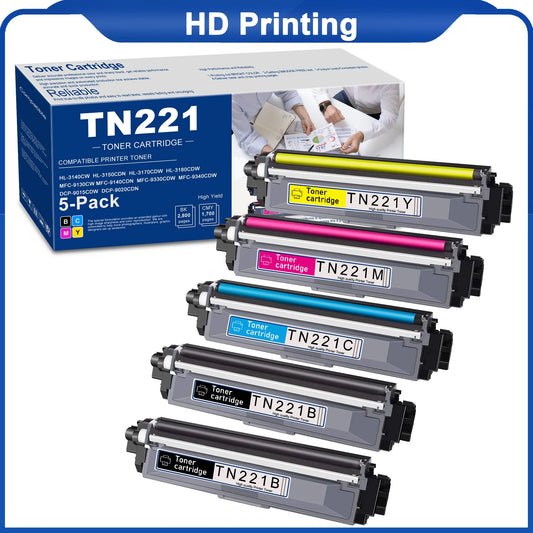 TN221 Toner Cartridge Replacement for Brother MFC-9340CDW Printer (5 Pack, 2BK/1C/1M/1Y)