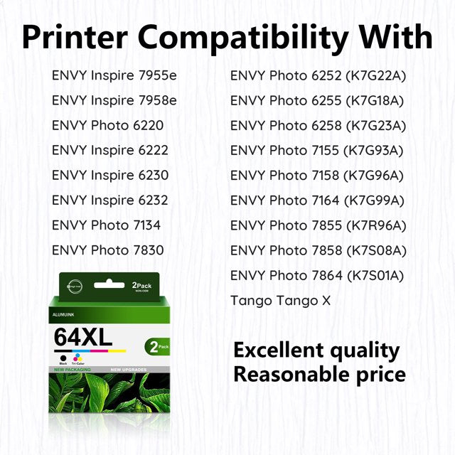 64XL High-Yield Ink Cartridges (2 Pack, Black/Tri-Color) Ink Replacement for HP ENVY Photo 6255 7155 7855 7858 ENVY Inspire 7955e 7958e Printer