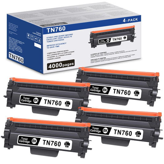 (TN760 4PK, 4000 Pages) TN760 TN-760 Hige Yield Toner Cartridge 4 Pack Compatible for Brother HL-L2395DW DCP-L2550DW MFC-L2710DW Printer