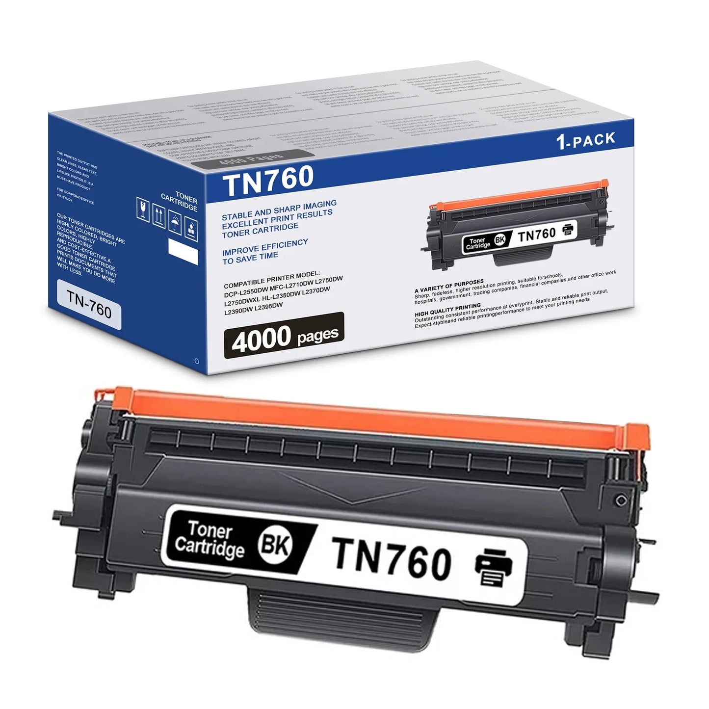 TN760 TN730 Black Toner Cartridge 1 Pack Replacement for Brother TN760 Toner MFC-L2710DW Printer