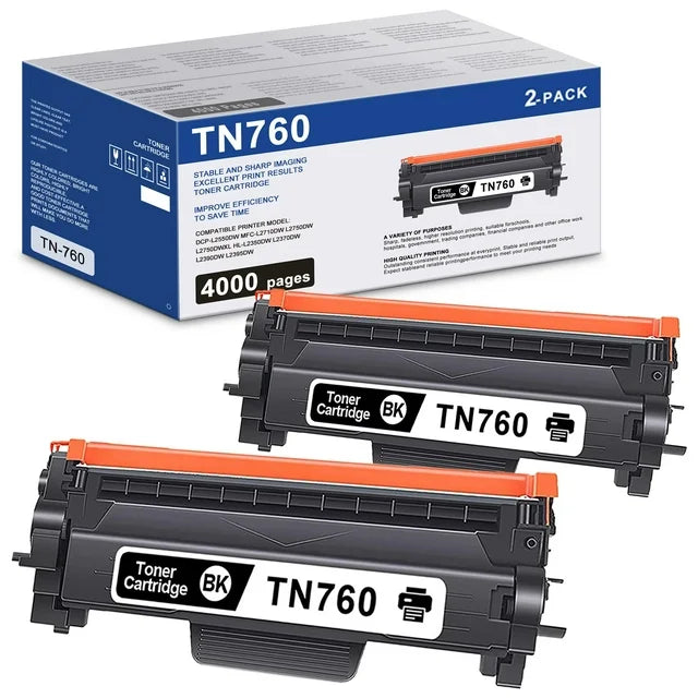 TN760 Black Toner Cartridge 2 Pack Replacement for Brother TN760 Toner for MFC-L2750DW Printer